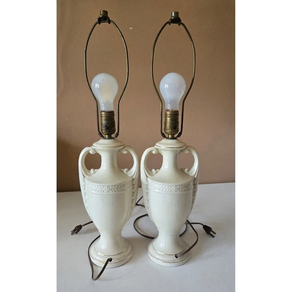 Vintage Pair Floral Porcelain Urn Table Lamps White Gold Roses Hollywood Regency